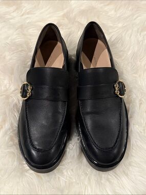 Black Leather Women’s Stuart Weitzman Loafers with Gold Buckle US 9M/ EU 39.5B